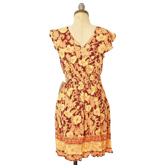 NOSTALGIA Mixed Floral Boho Dress S Printed Orange Tassels Flutter Sleeve NWT B5 - Picture 4 of 6